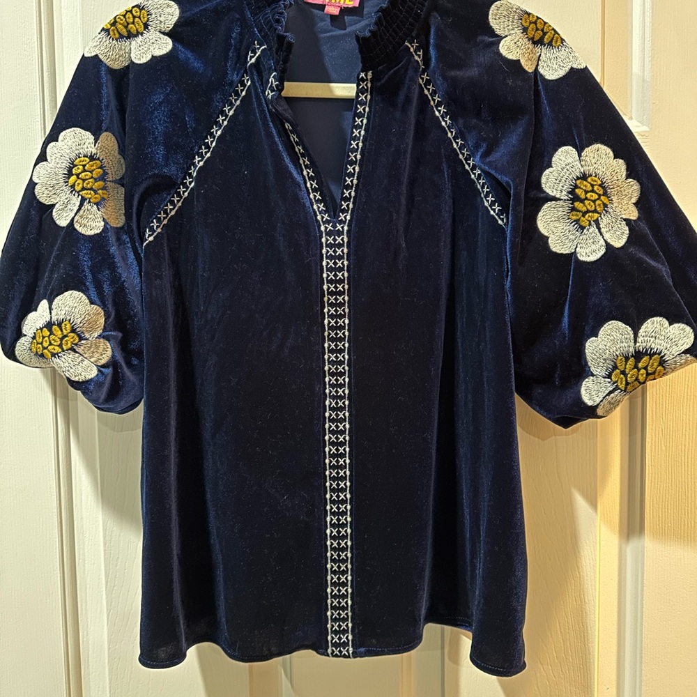 THML Navy Blue Blouse with White Floral Embroidery Sleeves